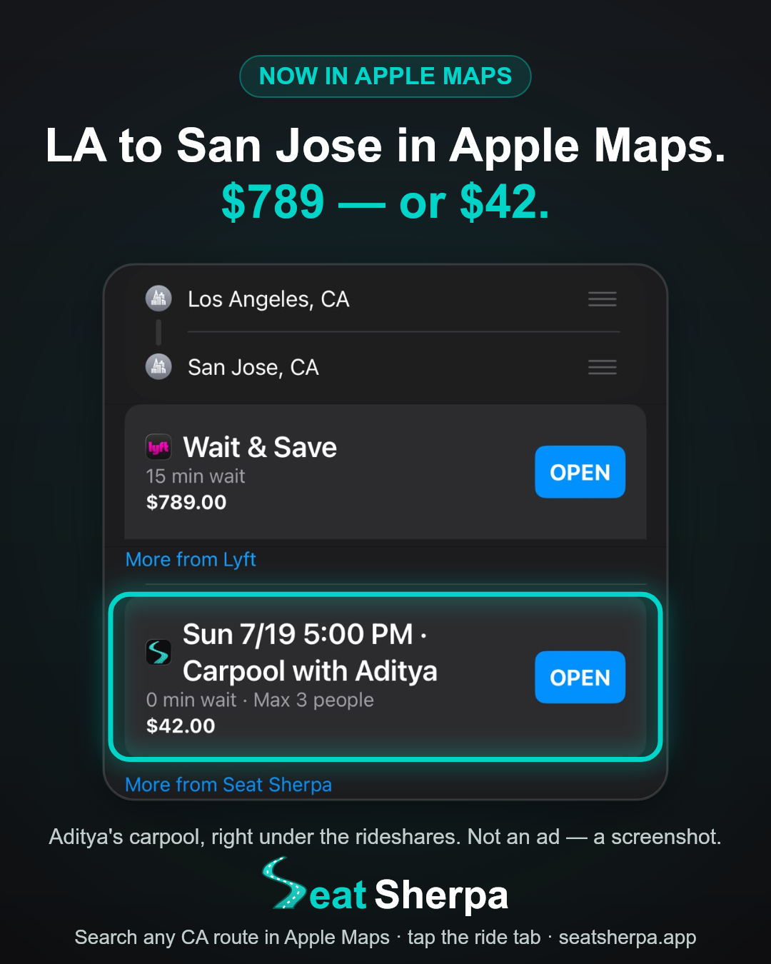 Now in Apple Maps — LA to San Jose ride tab: Lyft $789, Seat Sherpa $42