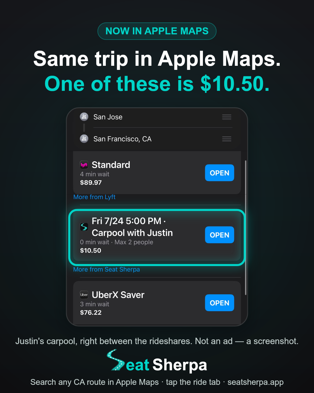 Same trip in Apple Maps — San Jose to San Francisco ride tab: UberX $76.22, Lyft $89.97, Seat Sherpa $10.50